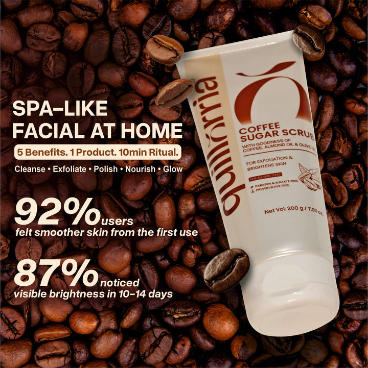 Quillorria Coffee Sugar Scrub on coffee beans with product details.