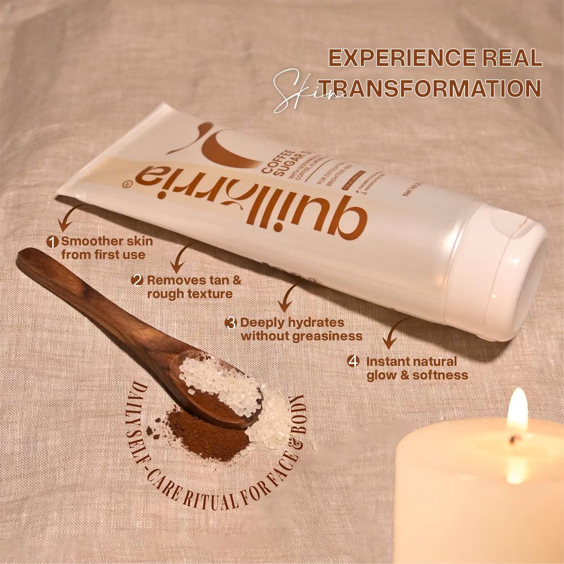 Quillorria Coffee and Sugar Scrub tube displayed in a spa-like setting with a candle and a wooden spoon of coffee grounds and sugar. Text highlights benefits: smoother skin, tan removal, deep hydration, and instant natural glow for face and body.